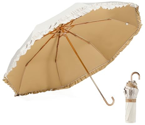 LCY Faltbarer Regenschirm mit Blumenrand, UV-Schutz, mit Hakengriff, sonnenfest, regenfest und winddicht