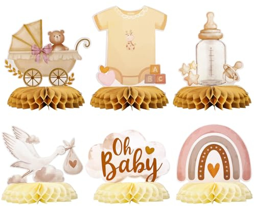 6PCS Babyparty Deko,Gender Reveal Party Deko,Babyparty Dek& Tischdeko,Babypart Tischdeko mit Storch Geburt Oh BabyMotiv,Baby Shower Tischdekoration,Bienenwaben-Mittelstück für Babypart