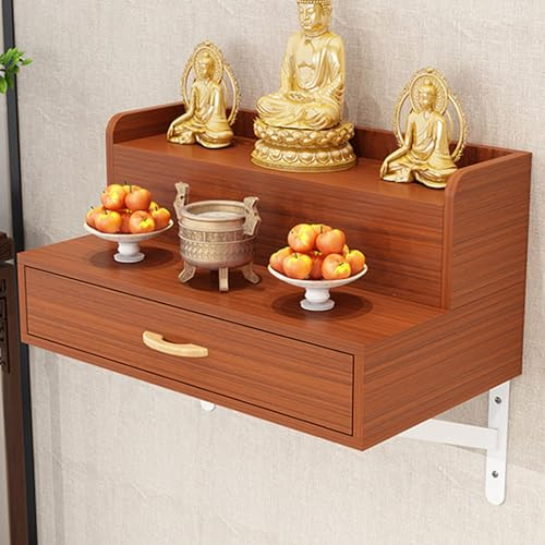 RTTZBOZ Wandmontierter Altartisch, Buddhistisches Altarregal mit Schublade, Bambus-Pooja-Tisch für Tempel-Puja, Wahrsagerei und Anbetung(Brown,70cm/28in)