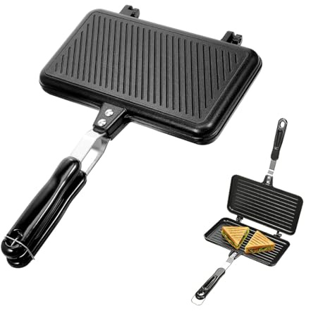 Doppelseitige Camping-Bratpfanne Sandwichmaker, Aluminium Toaster & Sandwichtoaster, Klappbares Waffeleisen für Outdoor, Grill & Campingküche, Vielseitiger Klapptoaster für Sandwiches