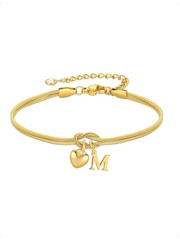 KONFEN Pulsera Mujer Inicial Corazón Nudo, Chapado Oro 18K Alfabeto M Pulseras Ajustable Cadena Serpiente con Dije Letra Doble Capa Apilables Elegante, Joyería Joyas Parejas Amor Amistad, Dorado