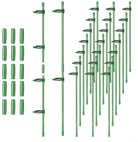 Lot de 30 piquets de support réglables en fibre de verre avec clips, support de jardin pour anneau pour roses, lys, tournesols