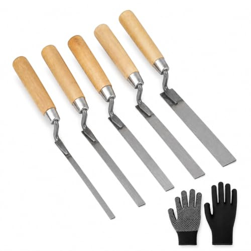 5 Pcs Stainless Steel Pointing Trowel Set with Non-Slip Gloves | 6/8/10/12/14mm Flat Stiff Finger Pointing Tool for Brickwork, Repointing, Masonry Repair & Brick Jointer Tools