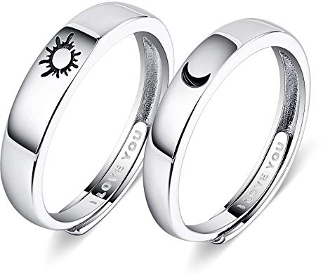 Beydodo Verlobungsring Paar 925 Silber Ringe Set, Partnerringe Verstellbar mit Gravur I Love You Sonne und Mond Ringe Silber Trauringe und Ehering Nickelfrei