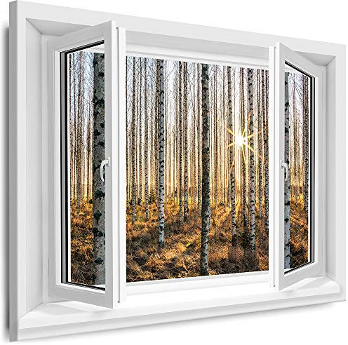 Myartstyle - Bilder Fenster 30x40cm XXL Leinwandbilder - 1 Teilige Wandbilder Fensterblick Wald Birken Natur Kunstdrucke w-D4-92