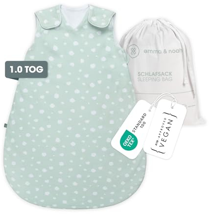 emma & noah Baby Schlafsack 1.0 TOG, Ganzjahres Schlafsack für den Frühling, Sommer und Herbst, 100% Bio-Baumwolle, Oeko-TEX Zertifiziert, Strampelsack für Neugeborene (Punkte Mint, 110 cm)