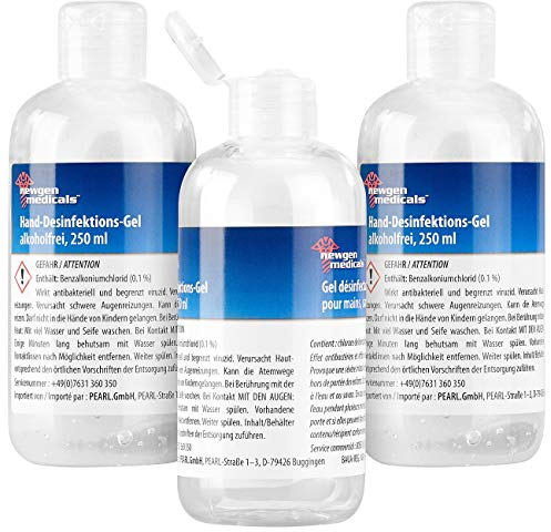newgen medicals Desinfektion Hände: 3er-Set Hand-Desinfektionsgels, Spender-Flasche, alkoholfrei, je 250ml (Hautdesinfektionsmittelen, Desinfektionsgel Haut, Handgepäck)