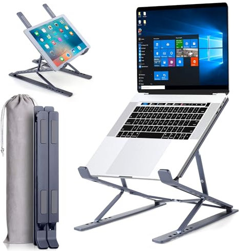HOMELUX THEORY Foldable Laptop Stand for Desk Adjustable Height, Portable Riser for Travel, Aluminum Computer Support and Holder Compatible for MacBook and Devices 15.6 up (Gray)