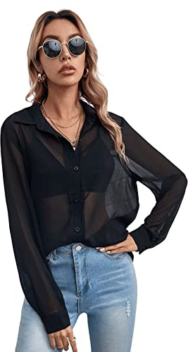 Floerns Women's Button Front Long Sleeve Mesh Shirt See Through Sheer Blouse Tops Black L