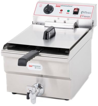 Ristoattrezzature Friggitrice Elettrica Singola Vasca, Professionale in Acciaio Inox - con Rubinetto di Scarico - 16 Litri, Capacità Olio 12 Litri - 220 Volt