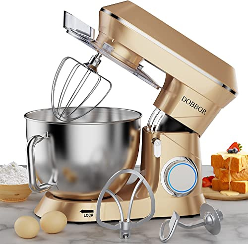 DOBBOR Stand Mixer, 8.5L Food Dough Blender, 1500W Electric Cake Mixer with 6 Speeds and Pulse Setting With Dough Hook, Whisk, Beater, Splash Guard & Mixing Bowl Baking, Dishwasher Safe. (Gold)