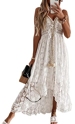 SANSIWU Damen V-Ausschnitt, ärmellos, Strick, Spitze, Ausschnitt, Sling-Maxikleid, Rüschen, offener Rücken, unregelmäßiger Saum, Vintage-Partykleid, Boho, einfarbig, Strandkleid, Weiß, L