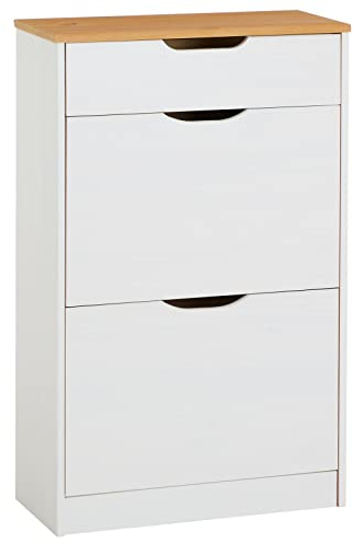 IDIMEX Schuhkipper Basil, schöner Schuhschrank aus Kiefer weiß/braun, praktische Schuhkommode mit 1 Schublade und 2 Kipper, Zeitlose Schuhablage im Landhausstil