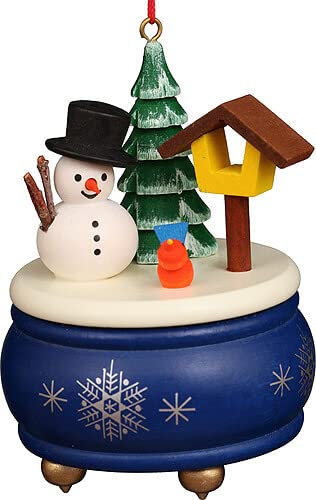 Christbaumschmuck Spieldose blau mit Schneemann - 7,7 cm