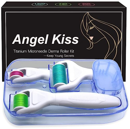 Derma Roller für Gesicht und Körper - Angel Kiss 4-in-1 Titan Microneedling Roller Kit, Mikronadel-Roller Hautpflege-Werkzeug, 300 Nadeln 0,5 mm, 720/1200 Nadeln 1,0 mm