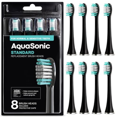 AquaSonic Genuine Standard Replacement Brush Heads | ADA Accepted | for Normal & Sensitive Teeth | Compatible with Many AquaSonic Toothbrush Handles (8 Pack Black)