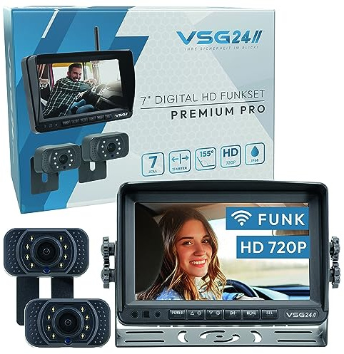 VSG24 7“ Funk Rückfahrsystem Premium PRO HD für Wohnmobil, Pferdeanhänger PKW, KFZ Set kabellos, 2X Rückfahrkamera + Monitor, Nummernschild Kamera Nachrüsten 12V-24V, digital, Auto Rückspiegel