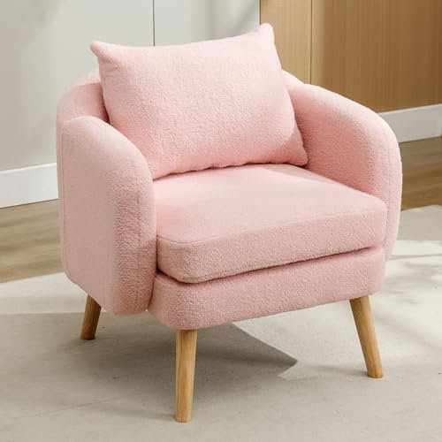 KecDuey Moderner Sessel, Schlichter Teddy-Samtstuhl, Freizeitsessel, Einzelsessel mit Kissen, Sessel mit extra dickem Kissen, Beine aus Massivholz (Rosa)