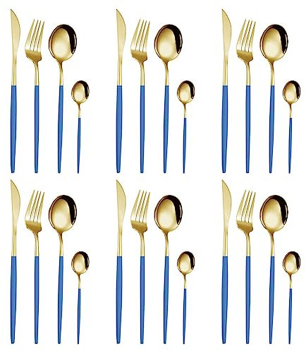 Couverts de Table en Acier Inoxydable, Lot de 24 Ensemble d'ustensiles Avec Couteau à Steak, Fourchette et Cuillère, Set de Couverts pour 6 Personnes avec Boîte, Cadeau de Noël (Or Bleu)
