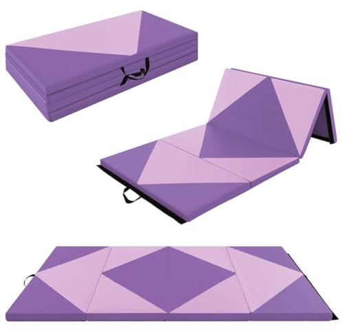 SPOTRAVEL 4-Fold 8FT x 4FT Folding Gymnastics Mat, 5cm Thick Foam PU Leather Tumbling Mats with Carry Handles, Hook & Loop Fasteners, Exercise Aerobics Mat for Yoga, Home & Gym (Purple)
