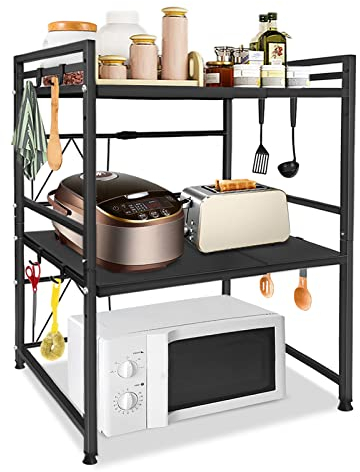 YRHome Erweiterbares Mikrowellen Regal 3-stufiges Mikrowellenständer Mikrowellenhalter Schwarz mit 8 Haken zum Aufhängen Organizer Bäckerregale Mikrowellenregalständer Küchenarbeitsplatten für Küche