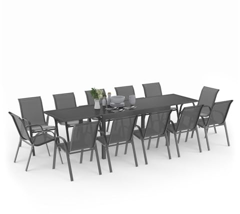 IDMarket - Muebles de jardín Madrid, extensible, mesa gris, 135-270 cm y 12 sillas apilables, gris antracita