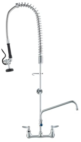 VEVOR Commercial Faucet with Pre-Rinse Sprayer, 44 Height, 8 Center, 12 Swing Spout, Wall Mount Kitchen Sink Faucet, Brass Constructed Device with Pull Down Spray, for 1/2/3 Compartment Sink