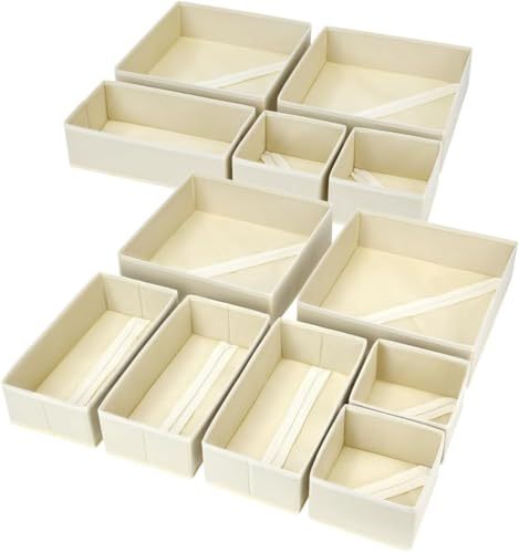 Homsorout 12 Stück Schrank Organizer Schubladen Organizer, Faltbare Aufbewahrungsbox Stoff, Unterwäsche Organizer, Organizer Kleiderschrank für Kleidung, Socken, Beige