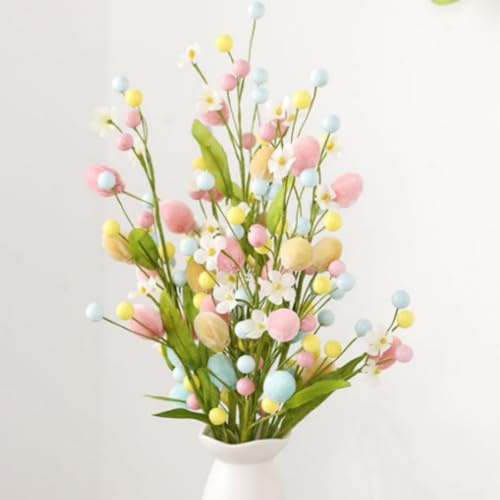 OUKEYI Konstgjorda påskblommor, 3 st påsk färgglada ägg blomstjälkar med bär pärlor dekorationer grenar, rustika påskdekorationer för påsk heminredning och blomsterarrangemang