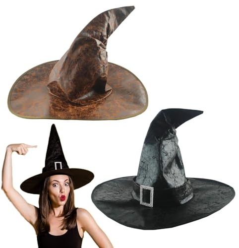 FUIPVGI 2 Stücke Hexenhut, Schwarzer Braun Hexenhut Groß, Zauberer Hut, Deko Hexen Zubehör, Schwarzer Zauberhut,Karnevalshut für Halloween Party Karneval Maskerade Cosplay(Schwarz, Braun)
