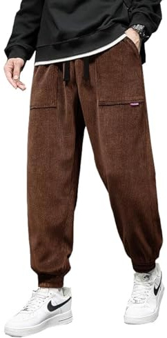 WZIKAI Herren-Cordhose, elastische Taille, Kordelzug, konisch, Jogginghose, lässig, lang, modische Hose mit Taschen, Braun, Klein