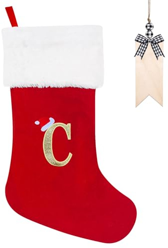 Weihnachtsstrumpf Personalisiert 50cm Großer Nikolausstrumpf mit Buchstaben Plüsch Stockings Hängender Weihnachtsmann mit Namensschild Ornamente Weihnachtsdekorationen für Weihnachtsbaum und Heim (C)