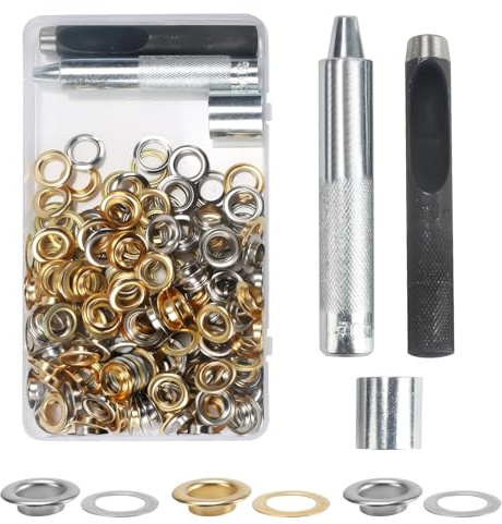 KJLEEN 140 Sets 10mm Grommet Tool Kit Gold Eyelets Silver Eyelet Punch Kit, Metal Grommets Brass Eyelets Set Grommet Eyelet Kit for Fabric Tarpaulin Canvas Curtains Awnings Leather Clothing Craft