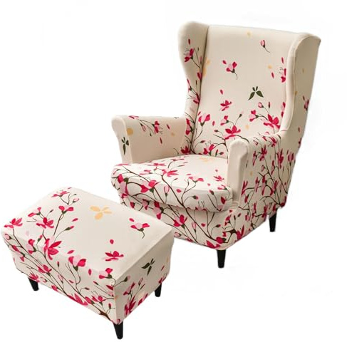 Somsiwey Bedrucktes Ohrensessel-Bezugsset, dehnbarer 3-teiliger Ohrensessel-Schonbezug mit Ottoman-Bezug, Ohrensessel-Bezug, Fußhocker-Bezug für Wohnzimmer und(Pink)