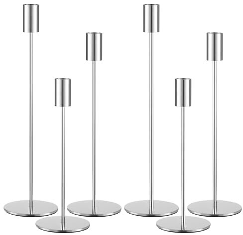 6 SetKerzenhalter,Kandelaber Stabkerzen 33/28/23CM,Hoch Kerzenleuchter, Dekorativer Vintage-Kerzenhalter aus Metall für Geburtstagsessen, Jubiläum, Hochzeit, Heimdekoration (Silber)