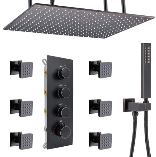 Luxury 16x32 Inch Rain Shower System with Body Jets and Thermostatic Shower Mixer Set Oil Rubbed Bronze