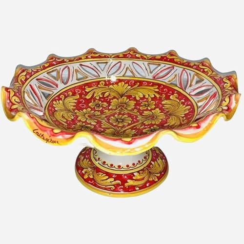 SICILIA BEDDA CAPACI Centro de Mesa frutero de cerámica Caltagirone con decoración barroca sobre Fondo Rojo - diámetro 40cm - diámetro 30cm