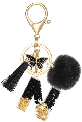MWOOT Schlüsselanhänger Buchstabe, Schlüsselanhänger mit Anfangsbuchstaben Schmetterling Bommel Quasten Anhänger für Damen Mädchen, Schwarz Harz Schlüsselringe Name für Rucksack Handtaschen Charms
