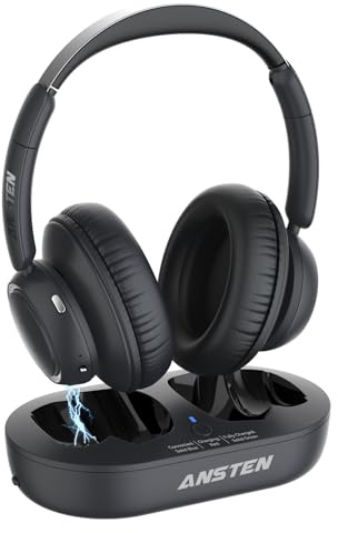 ANSTEN Casque sans fil pour TV avec base de charge émetteur universellement compatible, casque TV sans fil pour personnes âgées, casque Bluetooth sans délai, 35 heures de lecture audio, Plug n Play