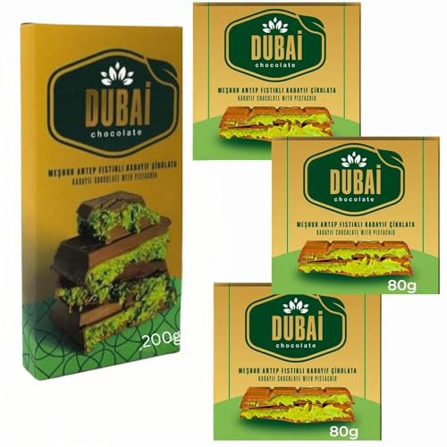 Dubai Chocolate Bar with Kadayif Pistachio Cream Individually Wrapped Sweets Treat UAE Dubai Kunefe Milk Chocolate Small Gifts for Snack Kids Family & Friend (Dubai chocolate 3x 80g & 200g)