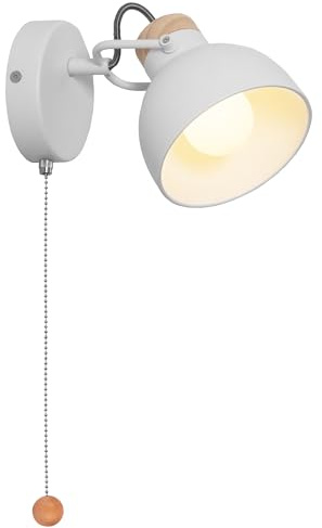 Aisilan Pull Cord Wall Light for Bedroom, Adjustable Wooden & Metal Wall Lamp with White Shade, E14 Bedside Indoor Sconce Rotatable, Hardwired Wall Lights for Living Room Hallway – Bulb Not Included