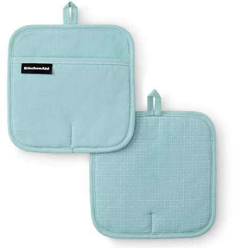 KITCHENAID Gourmet Series Gridlines Lot de 2 maniques résistantes à la chaleur jusqu'à 315,6 °C, poignée en silicone souple, manchette magnétique, eau minérale, turquoise, 20,3 x 20,3 cm