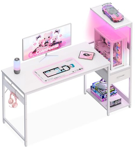 Coleshome Gaming Tisch mit LED, Schubladen und Regal, 138 × 48 cm, Weiß | Umkehrbarer Gaming Schreibtisch mit Schubladen aus Stoff, Computertisch mit Stauraum und Kopfhörerhalterung