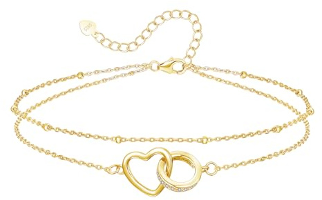 Loutade silver vristlänk för kvinnor, 925 sterlingsilver fotkedja armband, 22 + 5 cm justerbar sommar barfota strand dubbel fotkedja, oändlighet lager fotkedja med hjärta design fotsmycke, 27 cm, Sten