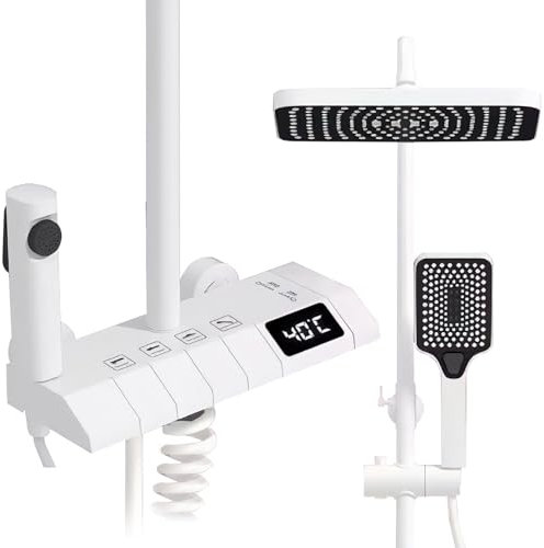 Conjunto de columna de ducha termostática para cuarto de baño, cabezal de ducha de 3 chorros, ducha de lluvia ajustable en altura, pantalla LED, ducha con mezclador blanco)