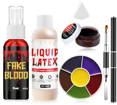 Kit Maquillage Halloween Professionnel, Latex Liquide Maquillage, Avec Faux Sang, Faux Sang Coagulé, Maquillage Noir et Blanc Visage pour Carnavals, Bals, Jeux de Rôle, 6 Pièces