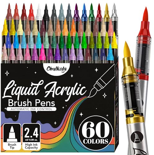 Chalkola 60 Acrylmarker Set mit Pinselspitze Automatic Ink flexibel Acrylic Marker Ohne Ausbluten Acrylstifte Wasserfest für Steine bemalen Leinwand Holz Glas 3D Druck Künstler Basteln