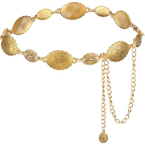 DRESHOW Cintura Concho in Metallo Occidentale per Donna Cintura Concho Boho Cowgirl Catena da Vita Vintage Regolabile in Oro per Donna per Abiti Jeans Concerti Country