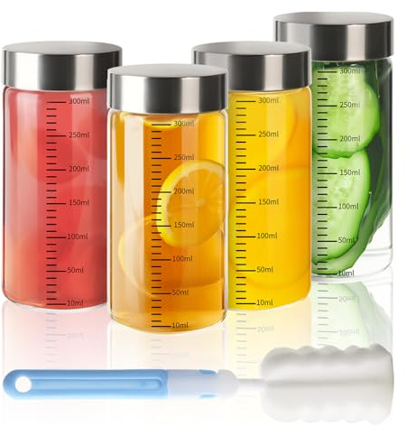 YBCPACK Lot de 4 bouteilles en verre à remplir, 300 ml, avec couvercle en acier inoxydable, gobelets à smoothie, gradués, réutilisables, à remplir pour jus, lait, café glacé, passent au lave-vaisselle