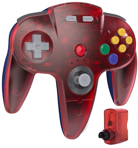 miadore Manette sans fil N64 Pro pour console N64, Plug & Play, récepteur N64, batterie 500 mAh, fonction vibration, joystick de jeu rétro compatible avec la console N64 (Rouge transparent)